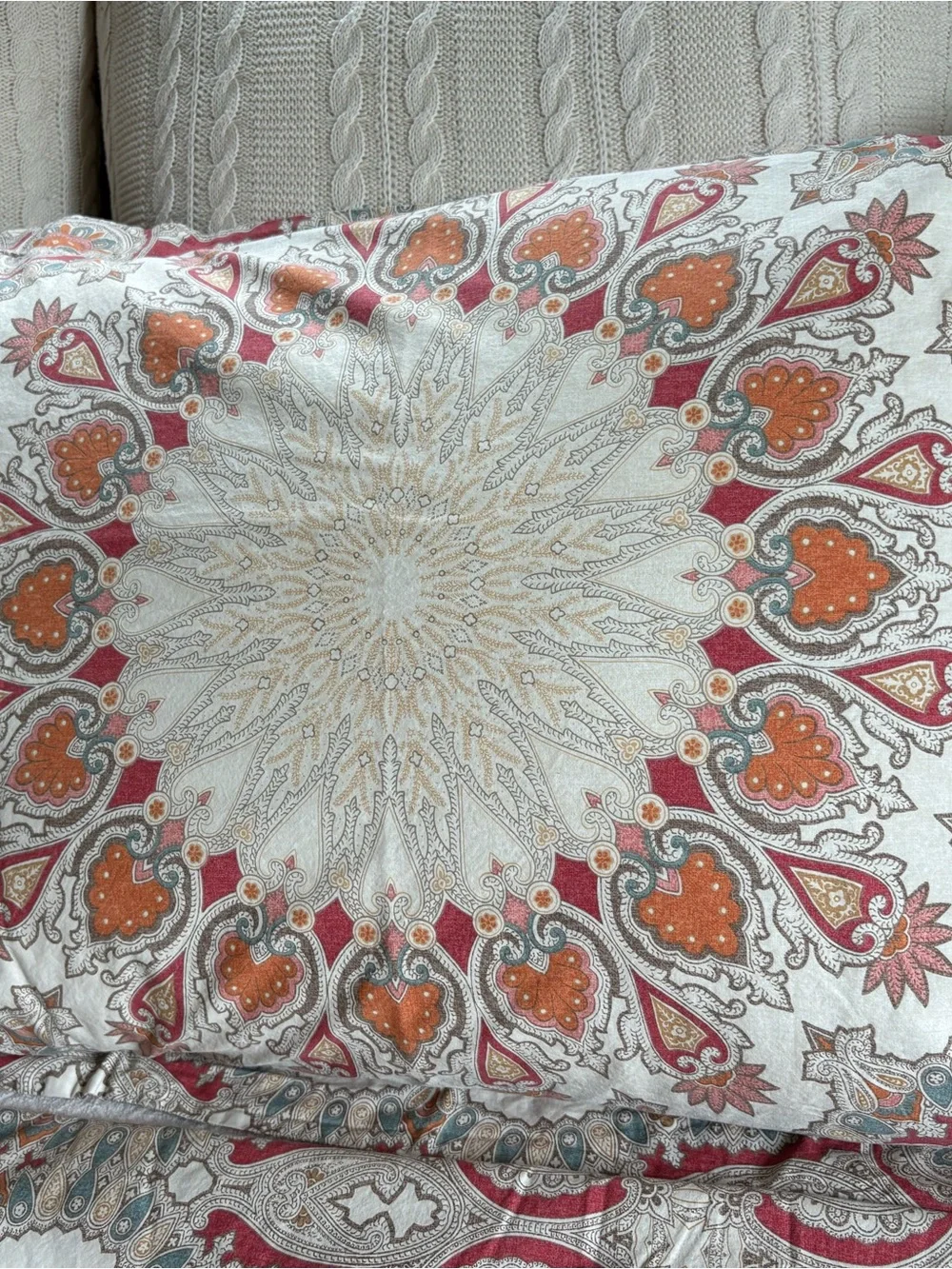 Pottery Barn Coral and Cream Medallion Queen Duvet Cover & Shams Set